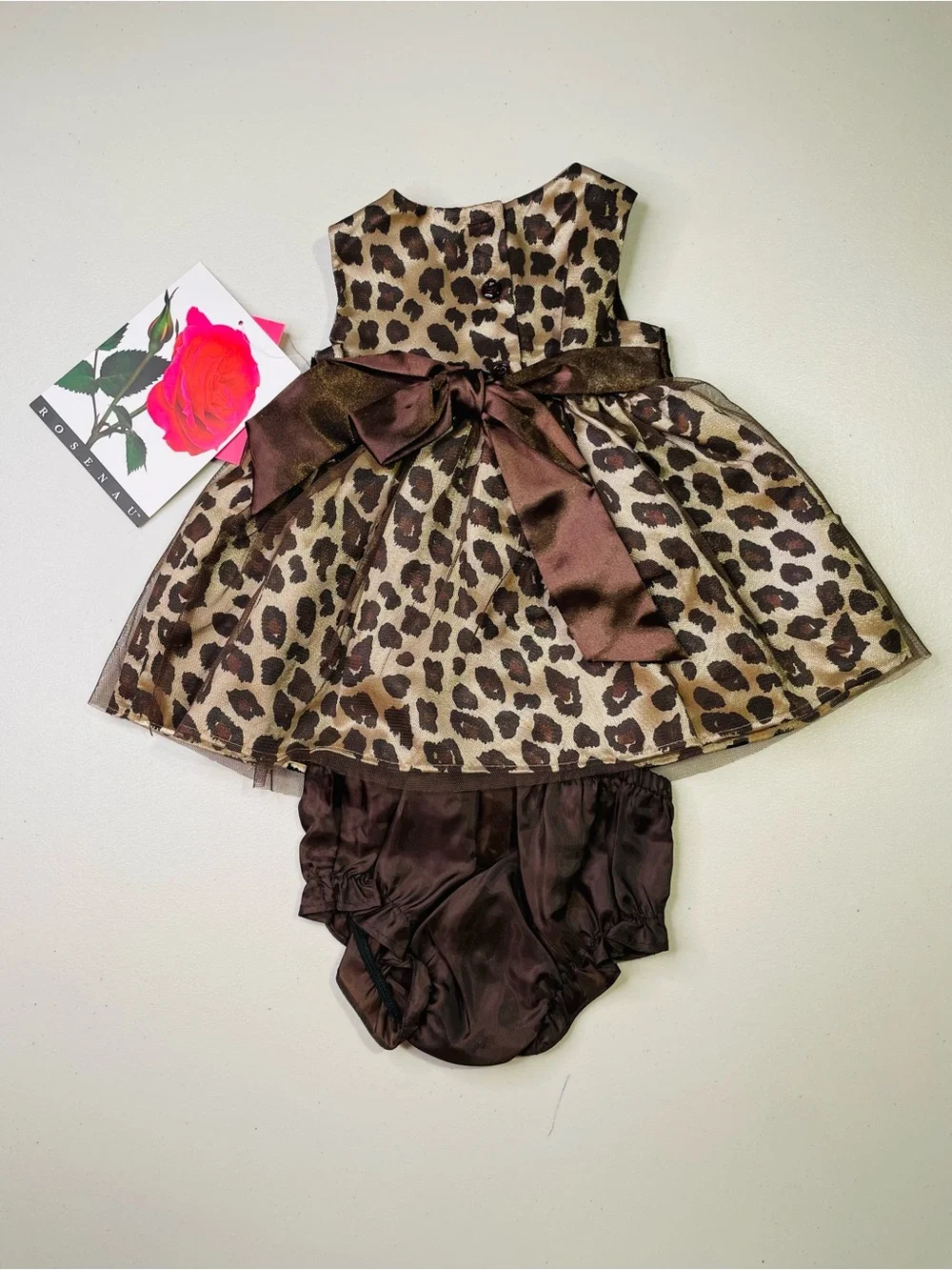 NWT Rosenau 3 Months Baby Leopard Print Dress with Brown Bow & Matching Bloomers